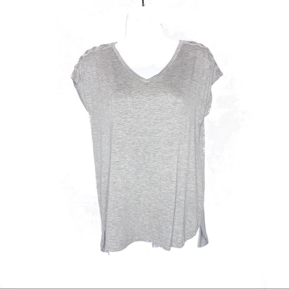 PINK REPUBLIC Gray V-Neck T-Shirt Lace-Up Shoulder